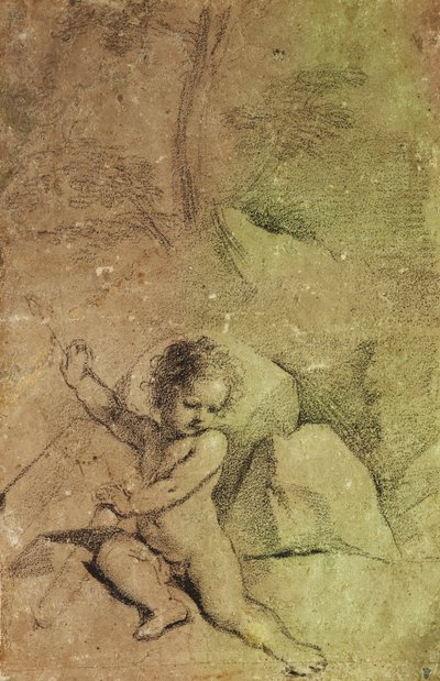 Cupido che estrae una freccia da una faretra, in un paesaggio da Guercino