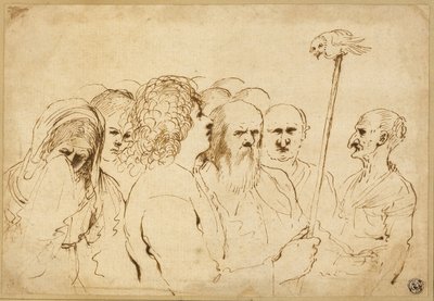 Gruppo di figure, con gufo su un palo da Guercino