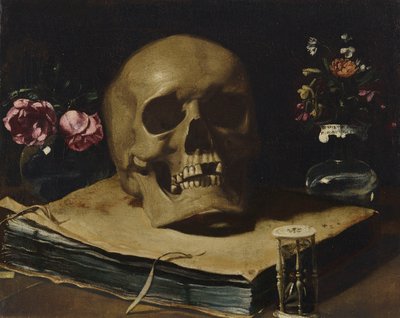 Guercino - Natura morta vanitosa con un teschio in cima a un libro, una clessidra e due vasi di vetro con fiori da Guercino