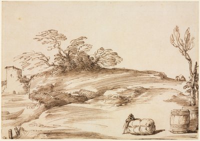 Paesaggio con uomo appoggiato a una balla da Guercino