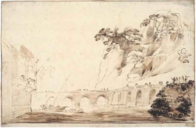 Paesaggio con un fiume attraversato da un ponte, fiancheggiato da spettatori, che conduce a un edificio con una loggia sporgente con un gruppo di osservatori da Guercino