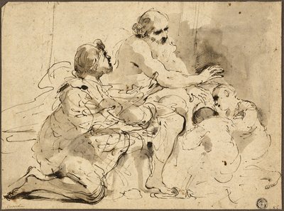 Studio per Giacobbe che Benedice i Figli di Giuseppe (recto); Schizzi: San Cristoforo; Due Figure in Conversazione su Denaro (verso) da Guercino