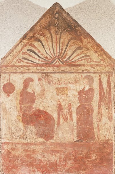 Lapide dipinta che mostra Donna seduta sul trono in atto di filare, da Andriuolo-Laghetto a Paestum, Campania, Italia da Guglielmo Bilancioni