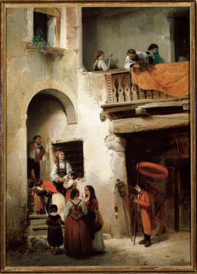 Estrema unzione, una famiglia in attesa fuori dalla casa di un moribondo. Dipinto di Guglielmo Castoldi da Guglielmo Castoldi