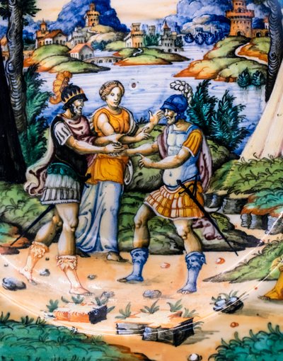 Piatto: Latinus and Aeneas, particolare, 1540 circa (maiolica) da Guido (attr. to) Durantino