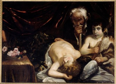 Gesù Bambino addormentato con San Giovanni Battista e San Giuseppe. Dipinto di Guido Cagnacci. 1630-1640. Dim. 0,94x1,31 m Chantilly, museo Condé da Guido Cagnacci