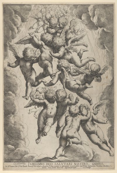Un gruppo di angeli che si abbracciano in volo, incorniciati da nuvole da Guido Reni