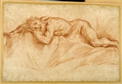 Un uomo nudo terrorizzato, disteso su un terreno roccioso da Guido Reni