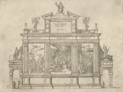 Facciata di un monumento trionfale con tre scene che raffigurano le gesta di Papa Clemente VIII, una decorazione temporanea da Guido Reni