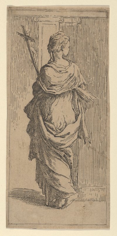 Ragazza che porta un crocifisso e si avvicina a un pilastro, vista da dietro da Guido Reni