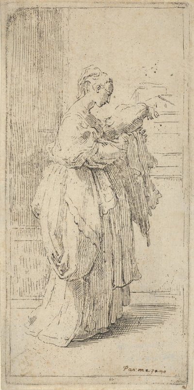 Ragazza che porta un cuscino, vista di profilo verso destra da Guido Reni