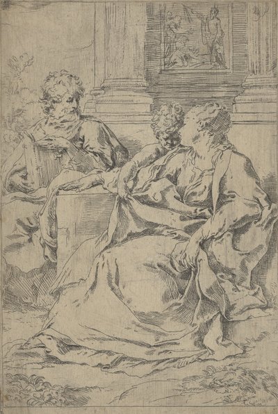 La Sacra Famiglia seduta insieme davanti a un colonnato, San Giuseppe che legge da Guido Reni