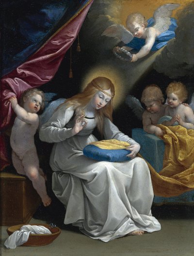 La Vergine che cuce, accompagnata da quattro angeli da Guido Reni