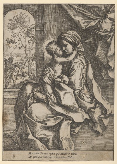 La Vergine seduta con il Bambino Gesù in grembo che la abbraccia, Giuseppe visto attraverso da Guido Reni