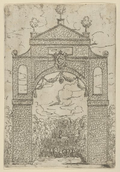 Arco trionfale coperto di fogliame con truppe a cavallo sotto, una decorazione temporanea da Guido Reni