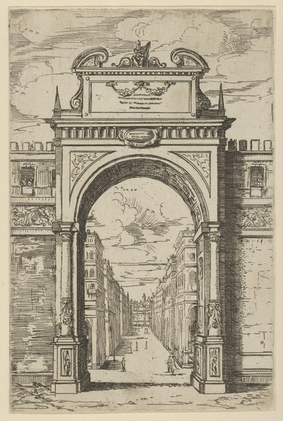 Arco di trionfo sormontato da una statua di Mosè, edifici visti attraverso l