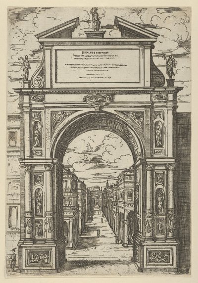 Arco di trionfo sormontato da una statua che rappresenta la città di Bologna, edifici visti attraverso da Guido Reni