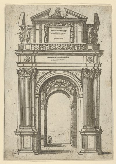 Arco trionfale sormontato da una donna seduta su un delfino, quattro figure in piedi sotto, un tempio da Guido Reni