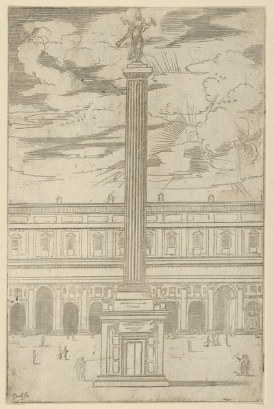 Colonna trionfale con figura femminile della Fama che tiene una tromba in cima, una decorazione temporanea, 1598 da Guido Reni