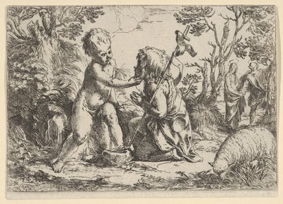Giovane San Giovanni Battista inginocchiato davanti al Cristo bambino che accarezza il suo volto, ca. 1600-1640 da Guido Reni