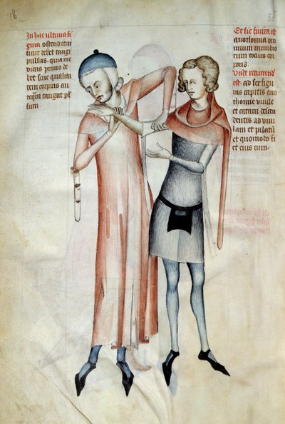 Chirurgia: medico che esamina le articolazioni del paziente allungando un braccio (Osteopata) da Guido da Vigevano da Pavia