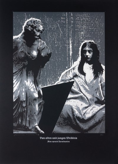 Sulle piccole donne anziane e giovani, Così parlò Zarathustra, 2024 (xilografia e serigrafia) da Guilherme Pontes