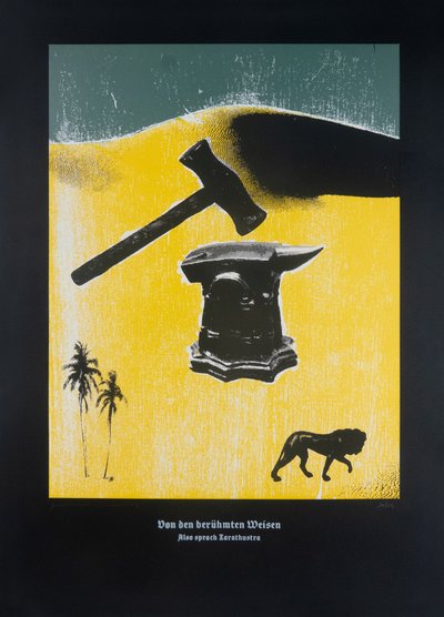 Su I famosi saggi, Così parlò Zarathustra, 2024 (xilografia e serigrafia) da Guilherme Pontes