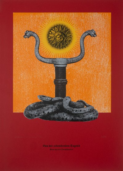 Sulla virtù del dono, Così parlò Zarathustra, 2024 (xilografia e serigrafia) da Guilherme Pontes