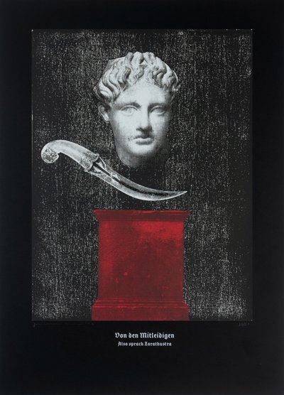 Sulla pietà, Così parlò Zarathustra, 2024 (xilografia e serigrafia) da Guilherme Pontes