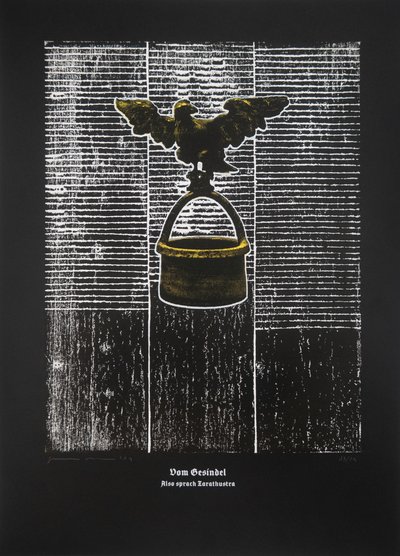 On The Rabble, Thus Spoke Zarathustra, 2024 (xilografia e serigrafia) da Guilherme Pontes