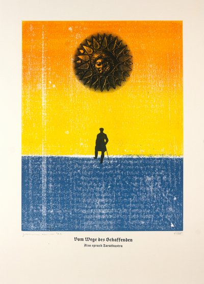 Sulla via del Creatore, Così parlò Zarathustra, 2024 (xilografia e serigrafia) da Guilherme Pontes