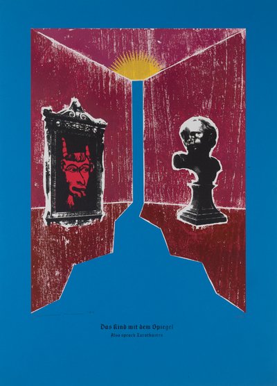 Il bambino con lo specchio, Così parlò Zarathustra, 2024 (xilografia e serigrafia) da Guilherme Pontes