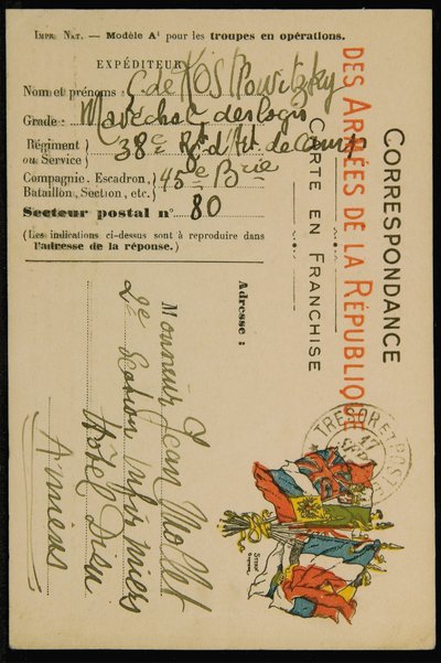 Cartolina autografa a Jean Mollet, datata 16 settembre 1915 da Guillaume Apollinaire