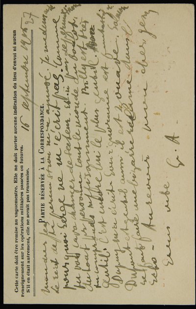 Cartolina autografa a Jean Mollet, datata 16 settembre 1915 da Guillaume Apollinaire