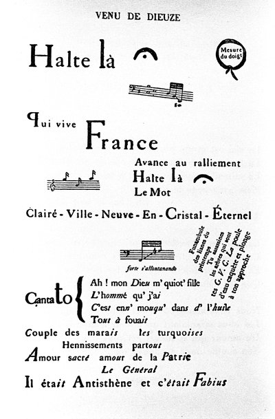 Calligramma (rebus) di Guillaume Apollinaire (1880-1918): "Venite a Dieuze" da Guillaume Apollinaire