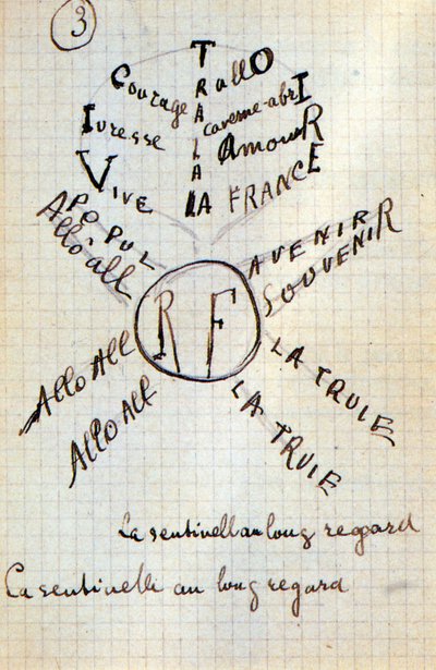 Calligramma di Guillaume Apollinaire - in "Du coton dans les oreilles", manoscritto autografo di 17 fogli da Guillaume Apollinaire