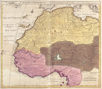 Mappa della Barbaria (Marocco, Algeria, Tunisia, Libia), Nigritude (Mali, Burkina Faso, Niger) e Guinea (Senegal, Guinea, Sierra Leone, Liberia, Costa d