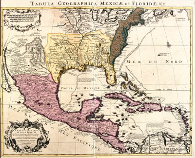 Mappa del Messico e della Florida (USA) con le Isole dei Caraibi (Cuba, Haiti, Giamaica, Antille) (incisione) da Guillaume Delisle
