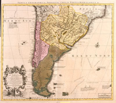 Mappa del Paraguay, Cile e Terra del Fuoco (Argentina) (incisione) da Guillaume Delisle