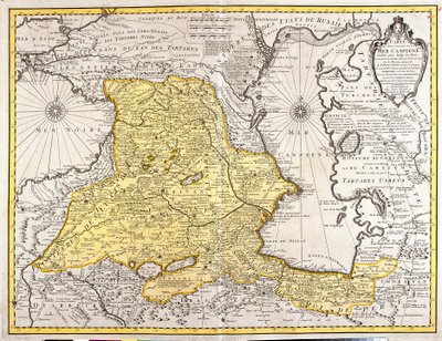 Mappa dei paesi vicini al Mar Caspio (Russia, Armenia, Persia, Kazakistan, Turkmenistan) da Guillaume Delisle