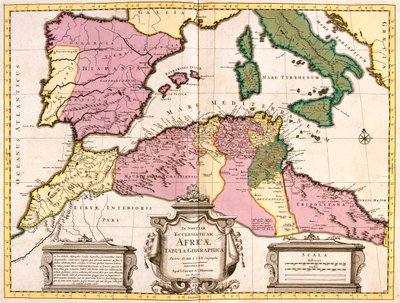 Marocco, Algeria settentrionale, Tunisia, Libia nordoccidentale, Spagna, Portogallo, Italia (tranne il nord) da Guillaume Delisle