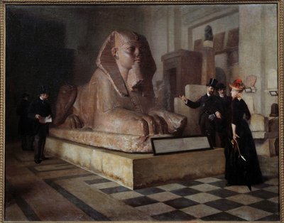 Sala egizia del Louvre, visitatori davanti alla Grande Sfinge da Guillaume Larrue