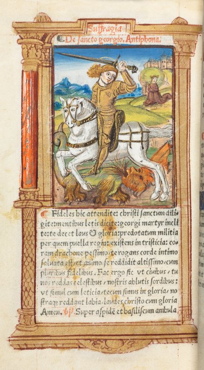 Libro delle Ore stampato (Uso di Roma): fol. 103v, San Giorgio che uccide il drago da Guillaume Le Rouge
