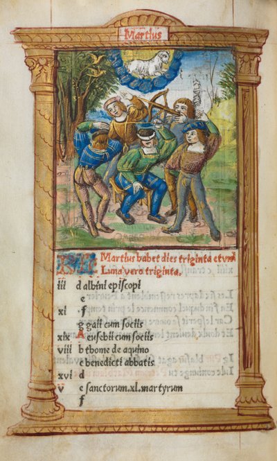 Libro delle Ore Stampato (Uso di Roma): fol. 4v, illustrazione del calendario di marzo da Guillaume Le Rouge