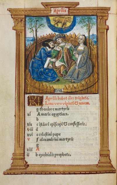 Libro delle Ore stampato (Uso di Roma): fol. 5v, illustrazione del calendario di aprile da Guillaume Le Rouge