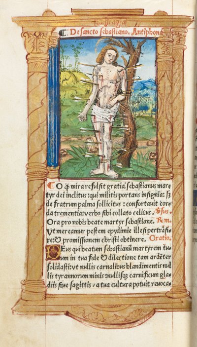 Libro delle Ore stampato Uso di Roma: fol. 102v, San Sebastiano da Guillaume Le Rouge