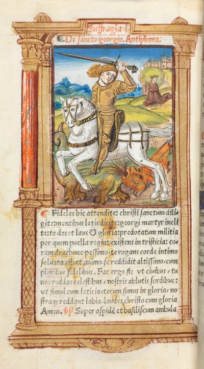 Libro Stampato delle Ore Uso di Roma: fol. 103v, San Giorgio che Uccide il Drago, 1510 da Guillaume Le Rouge