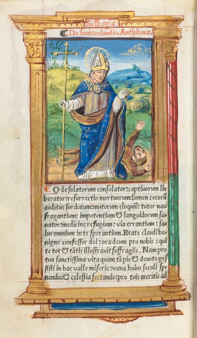 Libro delle Ore stampato Uso di Roma: fol. 105v, San Claudio come Vescovo, 1510 da Guillaume Le Rouge