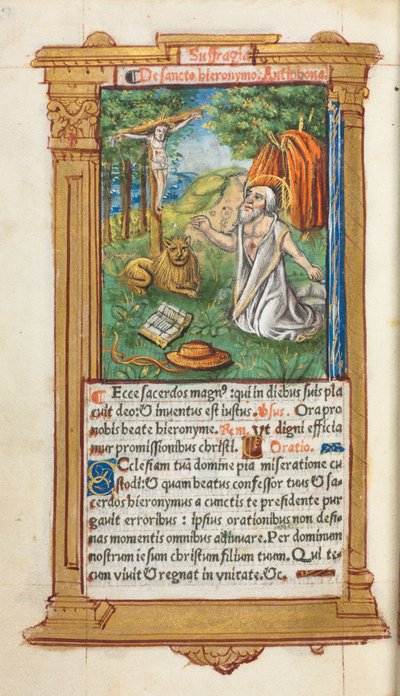 Libro delle Ore stampato Uso di Roma: fol. 107v, San Girolamo e il leone, 1510 da Guillaume Le Rouge