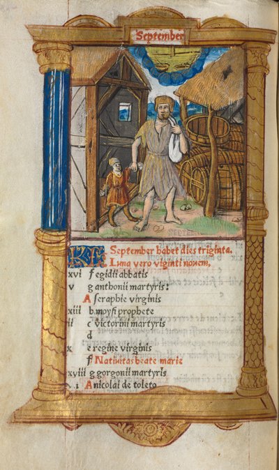 Libro delle Ore stampato Uso di Roma: fol. 10v, illustrazione del calendario di settembre, 1510 da Guillaume Le Rouge